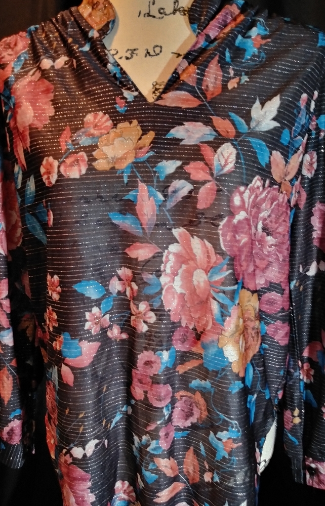 Metallic semi sheer retro floral blouse